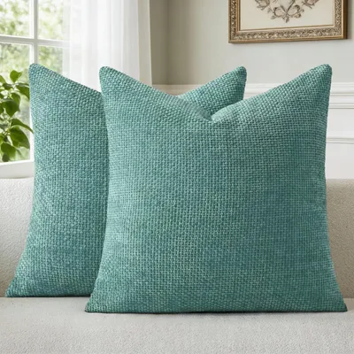 Productafbeelding van Set van 2 kussenhoezen, 45 x 45 cm, turkoenblauwe chenille, decoratieve kussens, sofa kussens, sierkussens, wasbaar, zacht en pluizig