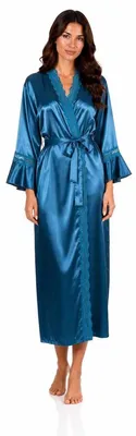 Produktbild von Damen Satin Morgenmantel Kimono mit Spitze Seidenoptik Hausmantel Petrol M/38