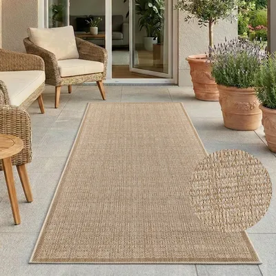 Produktbild von Outdoor Teppich Wetterfest Balkon Terrasse Braun 80x250 cm - Meliert, Sisal-Optik, Flachgewebe