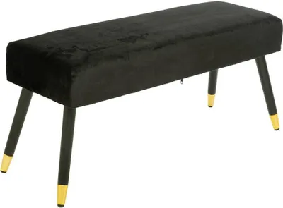 A black velvet bench with gold-tipped legs is shown against a white background.