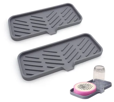 Produktbild von Silikon-Abtropfmatte, 2-teilig, Spülbecken-Organizer, Schwammhalter für Küchen- und Badezimmerschwämme und -bürsten, spülmaschinenfest, grau