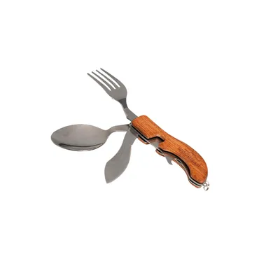 Produktbild von Woodilla Outdoor Campingbesteck - Klappbesteck, aus Edelstahl & Holz, Messer, Gabel, Löffel, Flaschenöffner, 4-teiliges Besteckset, 4 in 1 Funktion