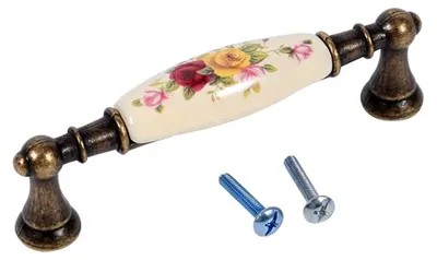 Produktbild von Vintage-Türgriff aus Keramik mit Blumenmuster in Bronze