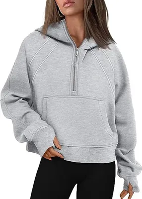 Produktbild von ASKSA Damen Kapuzenpullover Kurze Halbem Reissverschluss Sweatshirt Fleece Hoodie, Grau, M