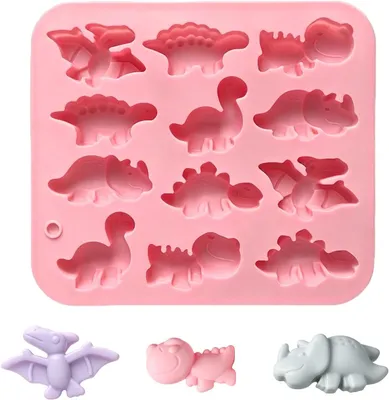 Produktbild von Dinosaurier-Silikonformen zum Backen - 12 Schokoladenformen für Pralinen - Für Gelee und Eiswürfel - Rosa