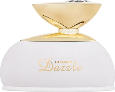 A white perfume bottle with a gold cap and gold lettering.