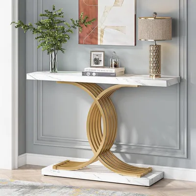 Obrázek produktu pro Konferenční stolek - Moderní design - Vzhled mramoru a kov - Bílá a zlatá barva - Rozměry 30 x 100 x 80 cm
