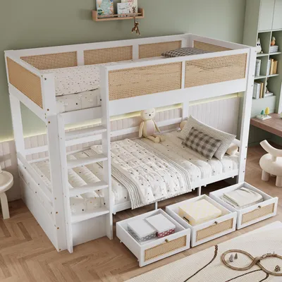 Produktbild von STILVORA Etagenbett 90x200 Stockbett mit Sichere Bettgitter und rausfallschutz,Jugendbett ohne Matratze,Kinderbett mit Bettgitter und Rattanzaun,Weiß+Natur