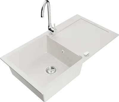 Produktbild von Mexen Leo 1 Becken-Granitspüle mit Abtropffläche und Mischbatterie Telma, Weiß - 6501-20-670200-00