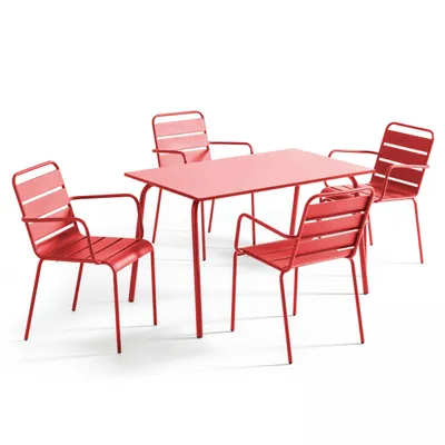 Image de Ensemble table de jardin et 4 fauteuils en métal rouge - Oviala Palavas