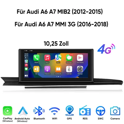 Obrázok produktu pre 2+64 GB, 10,25", autorádio s Androidom a CarPlay pre Audi A6 a A7 (2012–2018), GPS navigácia, 4G-LTE, Wi-Fi, Bluetooth, SWC, DAB+, USB, DSP, 8-jadrový procesor
