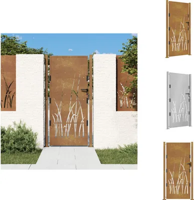 A collage of garden gates with a grass design, shown in different colors and settings.