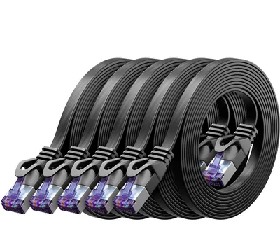 Produktbild von deleyCON 5x 0,5m RJ45 Patchkabel Flachkabel mit CAT7 Rohkabel Netzwerkkabel Ethernetkabel Slim U/FTP Gigabit Ethernet Lan Kabel - Schwarz