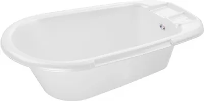 A white baby bathtub is shown from a slightly elevated side angle against a white background.