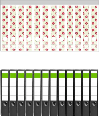 Produktbild von Wallario 12 Stück schmale Ordner inkl. Klebeetiketten mit Motive Muster mit Blüten und Blättern -  Set mit Rückenschildern / Ordnerrücken Stickern