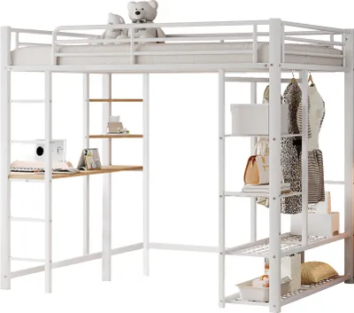 Produktbild von Hochbett mit Schreibtisch und Regal, 140x200 cm, Metallbett mit Lattenrost und Rausfallschutz, Jugendbett