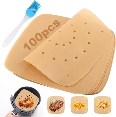 Produktbild von Backpapier für Heißluftfritteuse – Set mit 100 Stück – 23 x 23 cm – BPA-frei – Lebensmittelgeeignet – Zubehör