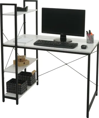 Obrázek produktu pro Psací stůl s policí HWC-K81, stůl na notebook kancelářský stůl pracovní stůl, 100x60cm kov MDF  mramorový vzhled bílý