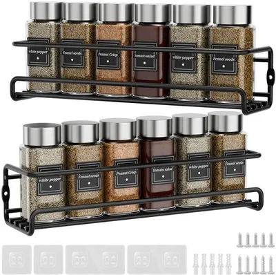 Productafbeelding van Unyqoos® Kruidenrek-set (2) – Wandrek voor kruiden en specerijen, roestvrij staal met zwarte afwerking, 29 x 7,5 x 6,5 cm, zelfklevend of schroefbaar