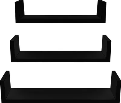Three black U-shaped shelves of varying sizes are displayed against a white background.