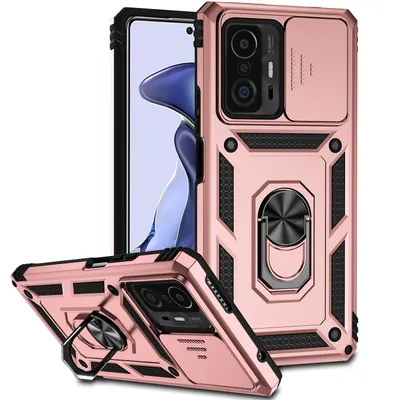 Immagine prodotto di Custodia per Xiaomi 11T / 11T Pro a doppio strato con copertura scorrevole della fotocamera e supporto ad anello Rosa