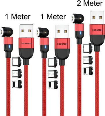 Obrázek produktu pro Sada 3 magnetických nabíjecích kabelů (2 metry+1 metr+1 metr) SOONTEC magnetický nabíjecí kabel otočný o 360° a 180° se 3 zástrčkami Micro USB/ USB-C/ Lightning 2,4 A nabíjecí kabel (červený)