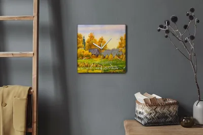 Produktbild von Coloray Hodiny Unikátní 30x30 cm  Tiché hodiny Pro obývací pokoj a kuchyň Nástěnné hodiny Plátno Bílé ručičky hodin - Malování podzimní vesnice