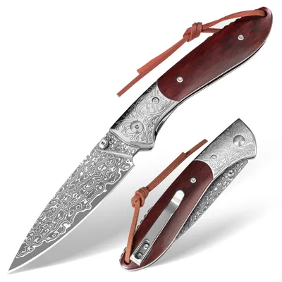 Damast-Klappmesser 9 cm Klinge, Holzgriff, 20,5 cm, 129,7 g