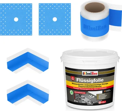 Produktbild von Isolbau Dicht-Set - Inkl. 1x Flüssigfolie (8 kg), 1x Dichtband (5 m), 2x Innenecken & 2x Manschetten