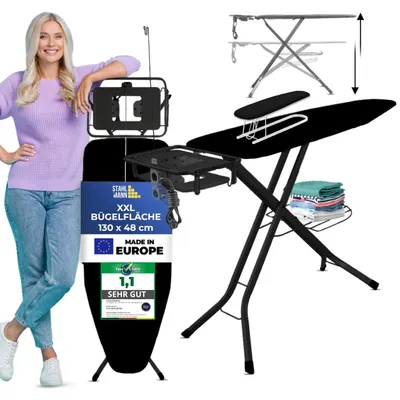 Produktbild von STAHLMANN® Bügelbrett für Dampfbügelstation [130x48 cm Bügelfläche] XXL Bügeltisch mit Ärmelbrett, 5-fach höhenverstellbar, Ablage 33x42 cm, Turbobezug 100% Baumwolle,  Europe, Schwarz