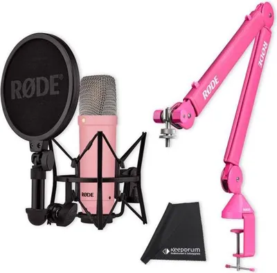Zdjęcie produktu dla Mikrofon Rode NT1 Signature Pink z przegubowym wysięgnikiem PSA1+ w kolorze różowym i ściereczką