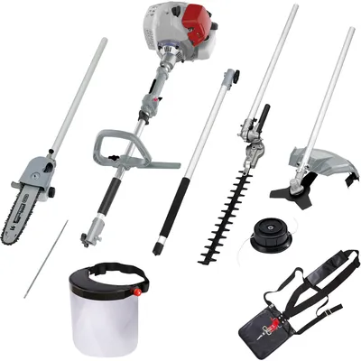 Immagine prodotto di IKRA 4in1 Multitool a benzina IBKH 33-1| Tagliabordi 43 cm | Decespugliatore Ø 25,5 cm | Cesoie telescopiche per siepi 40 cm | Potatore | Lima per catena e scudo protettivo