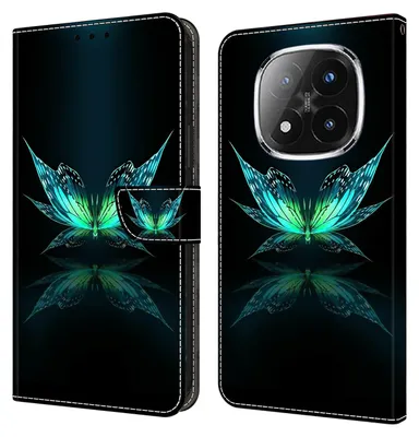 Produktbild von CLM-Tech Handyhülle kompatibel mit Xiaomi Redmi Note 14 Pro Plus 5G Hülle - Tasche aus Kunstleder - Klapphülle mit Ständer und Kartenfächern - Schutzhülle Wallet Case Cover schwarz türkiser Schmetterling