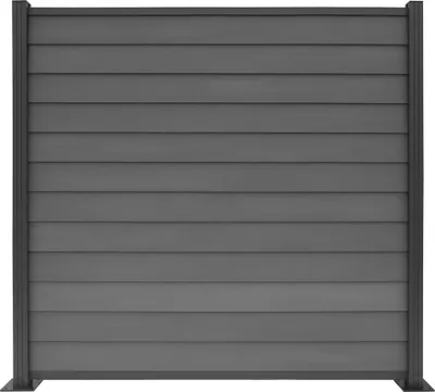 A close-up, front-facing view of a gray fence panel.