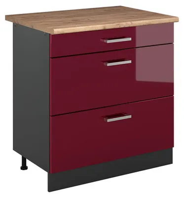Imagen del producto de Mueble bajo de cocina Vicco R-Line Rojo de alto brillo/Antracita 80 cm con 3 cajones encimera Roble dorado, Model 72401