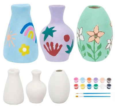 Produktbild von Keramik Vasen Bemalen Set 3 Stück 8cm Hoch DIY Bastelset mit 12 Farben für Erwachsene