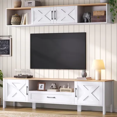Zdjęcie produktu dla Zestaw mebli do salonu Merax TV z 4 drzwiami i 1 szufladą, meble do salonu z szafką pod telewizor i wiszącą witryną, zestaw mebli pod telewizor do 80 cali, biały