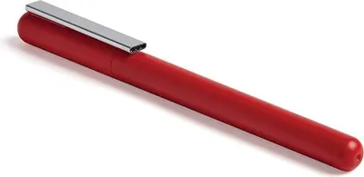 A red pen with a silver clip is shown against a white background.