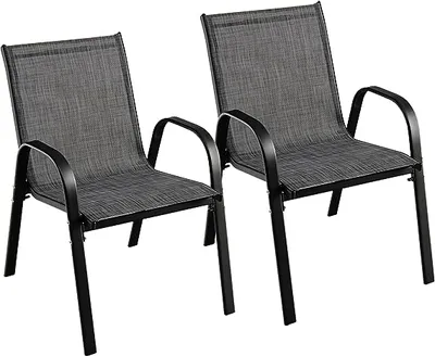 Image de Ensemble de 2 chaises de jardin empilables, fabriquées en textiline et avec une structure métallique, chaises de terrasse avec accoudoirs, dimensions : 55 x 67 x 83 cm