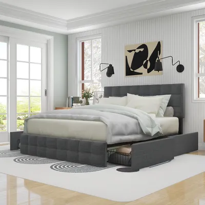 Image de Lit rembourré avec 4 tiroirs, lit double avec sommier à lattes, espace de rangement sous le lit, tête de lit réglable en hauteur, support en métal pour les lattes, revêtement en lin