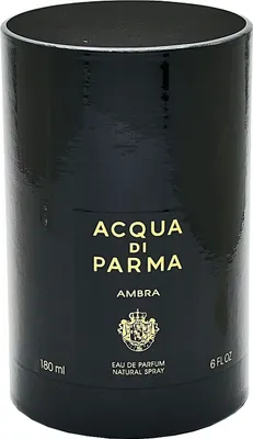 A cylindrical black packaging for Acqua di Parma Ambra Eau de Parfum.