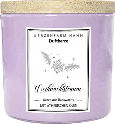 Produktbild von Duftkerze im Glas, Weihnachtstraum, 100% pflanzliches Rapswachs, KERZENFARM HAHN, mit reinen ätherischen Ölen, Brenndauer ca. 17h