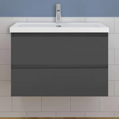 Produktbild von Waschtisch mit Unterschrank 80cm Alast Badmöbel Set Dunklegrau Rechteckiges Waschbecken mit Unterschrank MDF Softclose