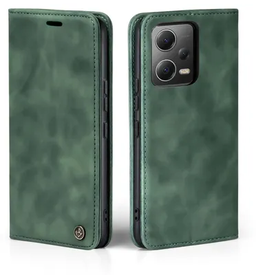 A green flip case for a smartphone is shown from two angles.