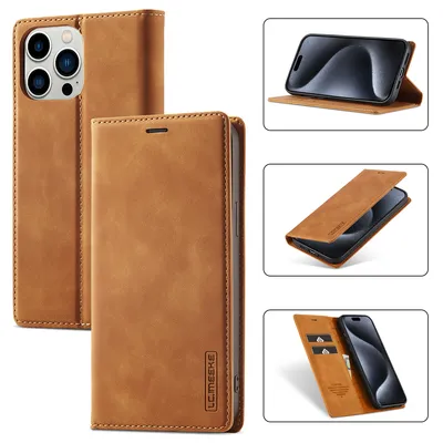 Obrázek produktu pro Kožené pouzdro pro iPhone 15 Pro Max, s funkcí stojánku a držákem karet, peněženkový design pouzdro hnědé