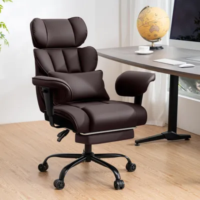 A brown office chair is shown in a room with a desk and a globe.