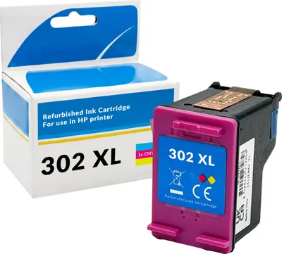 An HP 302XL ink cartridge and its packaging are displayed against a white background.