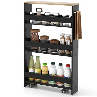 Immagine prodotto di Carrello da nicchia COSTWAY largo 13 cm, carrello da cucina stretto a 4 ripiani, scaffale da nicchia su ruote, carrello di servizio, scaffale da bagno in legno, 47,5x13x80,5 cm, nero+naturale
