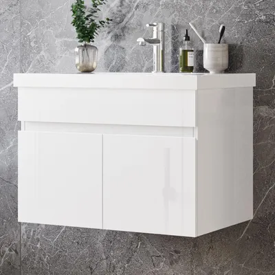 Produktbild von 60cm Dick Keramik Waschtisch mit Unterschrank Badmöbel Set mit Türs Soft-close - Hochglanz Weiß