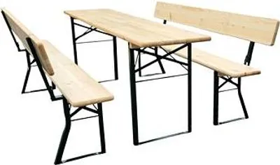 A wooden picnic table and bench set with black metal legs, shown on a white background.